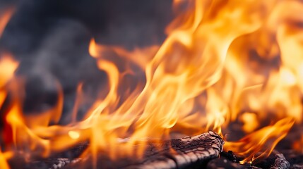 Fototapete - Closeup of a roaring fire with vibrant flames consuming wood in a dramatic and energetic display : Generative AI
