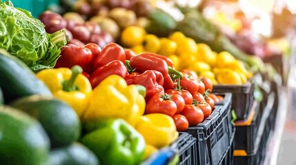 Poster - Vibrant Fresh Vegetables Displayed in Baskets at a Market Stall : Generative AI