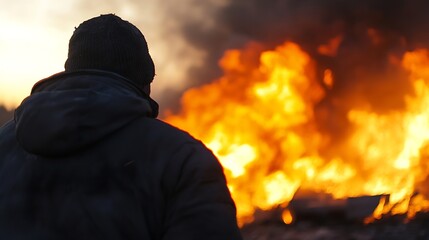Leinwandbilder - Dramatic scene of a person silhouetted against a vibrant flaming fire during a sunset backdrop : Generative AI