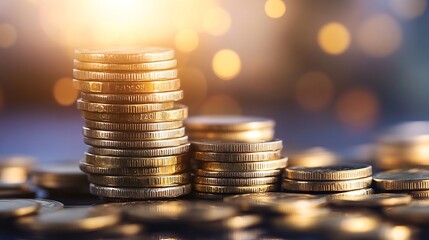Aufkleber - Stacks of shiny coins illuminated by vibrant bokeh lights creating a sense of wealth and prosperity : Generative AI