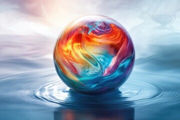 Wall Mural - A vibrant, colorful sphere rests on serene water, creating mesmerizing ripples. Abstract art.