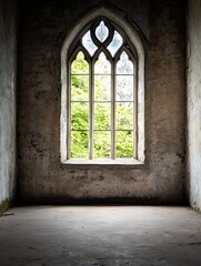 Aufkleber - Abandoned room featuring an ornate gothic window that frames lush green trees outside : Generative AI