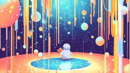 Wall Mural - pensive penguin in a dreamlike celestial landscape