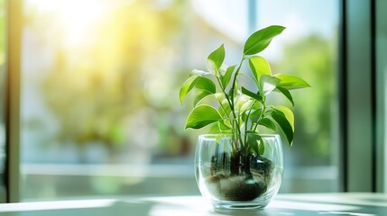 Poster - Vibrant green indoor plant in a glass pot illuminated by warm sunlight creating a calm atmosphere : Generative AI