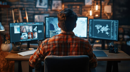 Poster - Focused programmer typing code late at night, surrounded by multiple screens showing data, programming interface, global map