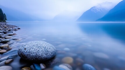 Poster - Serene lake view featuring smooth pebbles and misty mountains reflected on calm waters in cool blue tones : Generative AI
