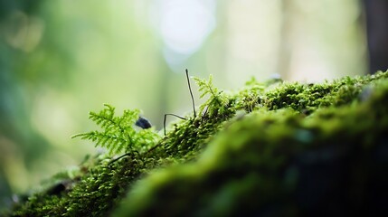 Fototapete - Lush green moss covering fallen logs surrounded by serene forest landscape and soft light : Generative AI