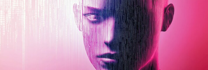Aufkleber - Human face outline merging with binary code to illustrate advanced artificial intelligence concept. Generative AI