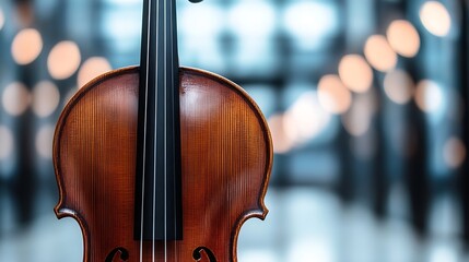 Poster - Elegant wooden violin set against a stylish blurred background featuring soft bokeh lights : Generative AI