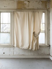 Leinwandbilder - A vintage room with peeling paint and an old curtain draping lazily over a window offering a glimpse of decay : Generative AI