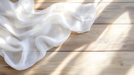 Aufkleber - Soft white linen fabric gently draped on warm wooden surface illuminated by natural light : Generative AI