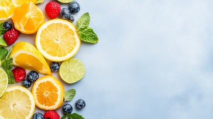 Poster - Vibrant Arrangement of Fresh Citrus Fruits and Berries on a Light Background : Generative AI