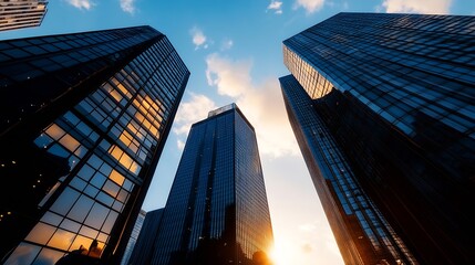 Poster - Stunning Skyscrapers Reaching Towards a Bright Blue Sky During a Vibrant Sunset : Generative AI