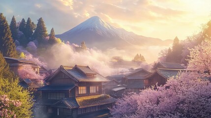 Poster - Blossoming sakura surrounds traditional Japanese village with Mount Fuji at sunrise. Generative AI