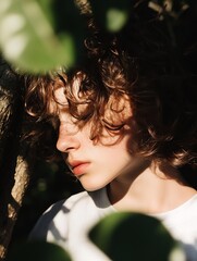 Poster - Young boy with curly hair thoughtfully gazing into the distance surrounded by lush greenery : Generative AI