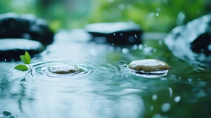 Fototapete - CloseUp Photo of Water Droplets Creating Ripples on Calm Pond Surrounded by Stones : Generative AI
