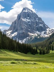 Wall Mural - Stunning mountain landscape with majestic peak and lush greenery under the sky : Generative AI