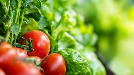 Poster - Freshly harvested tomatoes and leafy greens displaying vibrant colors and textures in a farm setting : Generative AI
