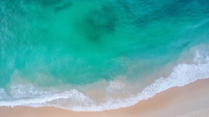 Leinwandbilder - Aerial view of pristine turquoise ocean waves gently lapping against the sandy shore under bright daylight : Generative AI