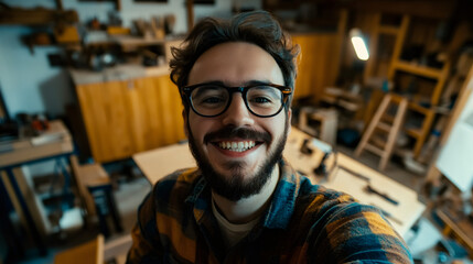 Cheerful carpenter capturing selfie amid workshop's woodworking tools, expressing professional joy and craftsman pride