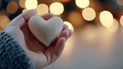 Poster - Delicate Hand Holding a Soft Heart Shape with Blurred Lights in the Background for a Romantic Feel : Generative AI