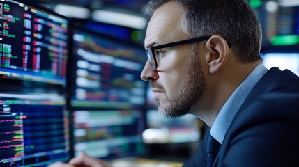 Poster - Concentrated businessman analyzing market data on multiple computer screens in a modern office : Generative AI
