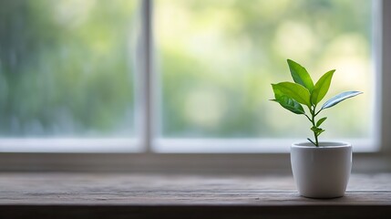 Aufkleber - A small green plant thriving in a white pot positioned beside a window letting in natural light : Generative AI
