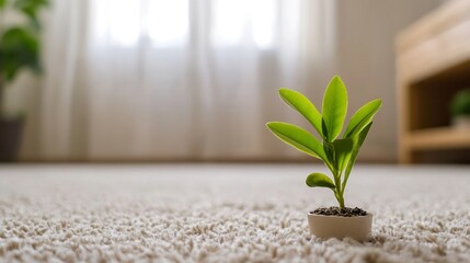 Leinwandbilder - Small green plant sprouting in a white ceramic pot on a soft carpet indoors : Generative AI