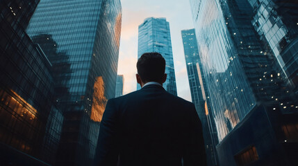 Canvas Print - Businessman admiring towering skyscrapers in a modern business district during a vibrant sunset, reflecting on career ambitions and future growth