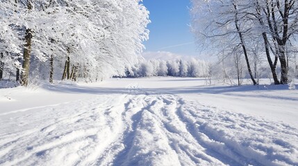 Aufkleber - Charming winter landscape featuring fresh snow covering trees and a beautifully pristine white pathway : Generative AI