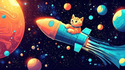 Wall Mural - cute kitten astronaut on a rocket ship adventure through space