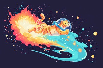 Wall Mural - tiger astronaut surfing a cosmic wave