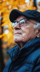 Aufkleber - Elderly man wearing glasses and a cap enjoying the autumn scenery in a park filled with yellow leaves. Generative AI
