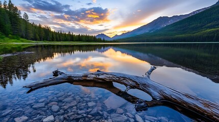 Poster - Breathtaking Lake Reflection at Sunset Surrounded by Majestic Mountains and Lush Forest : Generative AI