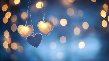 Leinwandbilder - Three heart shaped decorations glowing softly against a blurred background of fairy lights for a romantic ambiance : Generative AI
