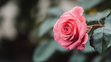 Poster - Beautiful closeup of a pink rose blossom surrounded by green leaves in a tranquil garden setting : Generative AI