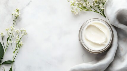 Poster - Luxurious skincare cream placed beside delicate white flowers and a soft fabric : Generative AI