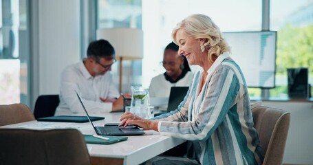Fototapete - Business people, laptop and woman in office, planning and income growth with financial report. Group, teamwork and employees with accounting, computer and internet with online reading and connection