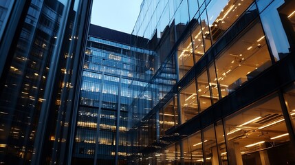 Aufkleber - Modern urban architecture showcasing stunning glass facades and illuminated office spaces at twilight : Generative AI
