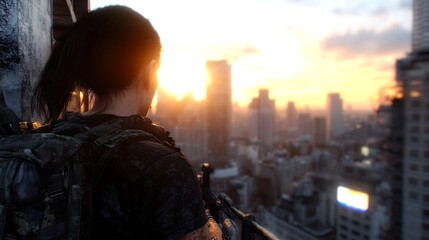 Aufkleber - Sunset View from Rooftop Overlooking City Skyline with Woman in Focus : Generative AI