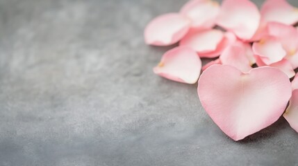 Poster - Delicate heart shaped arrangement of pink rose petals on a soft gray background creating a romantic ambiance : Generative AI