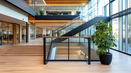 Canvas Print - Modern office interior featuring large windows natural light and interior plants enhancing workspace ambiance : Generative AI