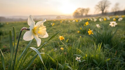Wall Mural - Daffodils bloom at sunrise in a meadow