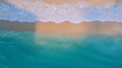 Poster - Aerial view of tranquil ocean waves gently lapping at the sandy shore in bright sunlight : Generative AI