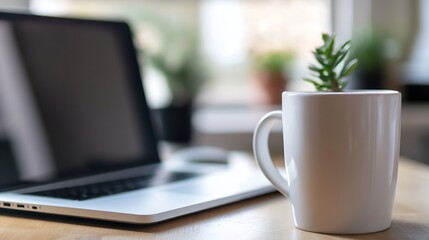 Poster - Cozy Workspace featuring a Laptop and a Potted Plant on a Wooden Table : Generative AI