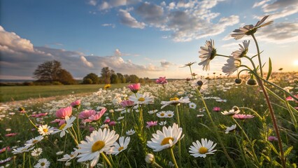 Wall Mural - Colorful wildflowers bloom during serene sunset