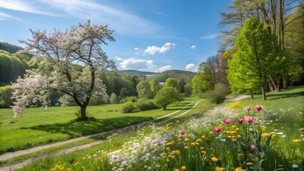 Wall Mural - Spring landscape with blooming flowers and trees