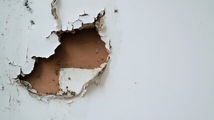 Poster - Damaged wall showing peeling paint and exposed plaster illustrating wear and tear in an indoor setting : Generative AI