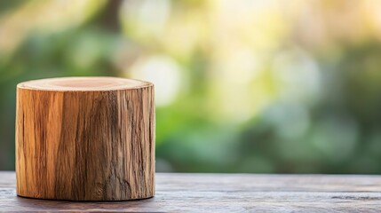 Aufkleber - Natural wooden block on a rustic table with a blurred green background showcasing simplicity and tranquility : Generative AI