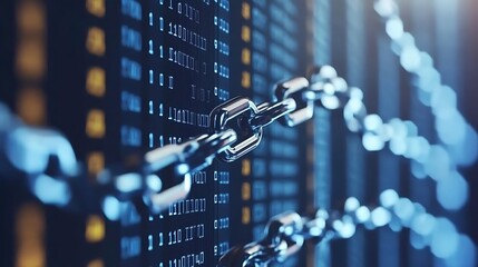 A metallic chain connects to digital data on a computer screen